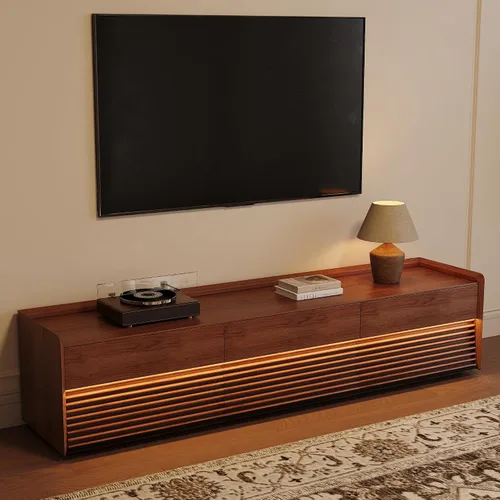 Miniatura 19 de POVISON Soporte de TV moderno de mediados de siglo totalmente ensamblado con luces LED ajustables, consola multimedia de madera, centro