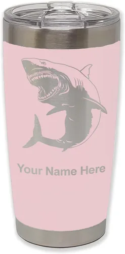 Miniatura 12 de LaserGram Vaso aislado al vacío de 20 onzas, gran tiburón blanco, grabado personalizado incluido (negro)
