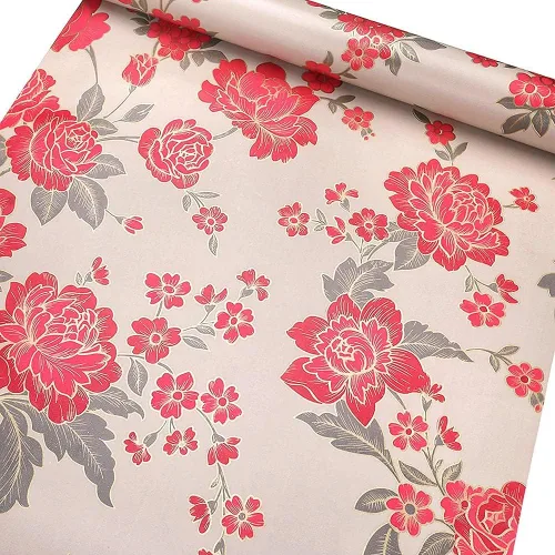 J9175 - Papel tapiz floral para despegar y pegar de 17.7 pulgadas x 9.8 pies, color rojo/caqui, papel de contacto autoadhesivo extraíble para