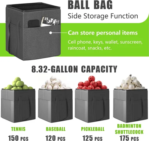 Miniatura 7 de Recogida de pelotas de tenis con ruedas - Cesta de pelotas de tenis plegable y ajustable en altura con bolsa de almacenamiento de pelotas