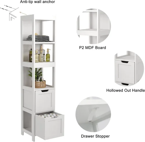 Miniatura 9 de HOMEFORT Armario de almacenamiento para baño, armario alto y estrecho con cubículo, gabinete de esquina delgada, torre de lino de madera, con puerta