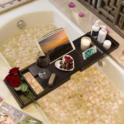 Miniatura 2 de Bandeja de bañera para baño de lujo, mesa de baño expandible de bambú impermeable sobre la bañera con soporte para vino y libros y jabonera gratis