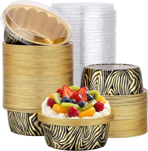 Miniatura 66 de Beasea Ramequines con tapas, 8oz 50 unidades de tazas de aluminio desechables para hornear, tazas de papel de aluminio plateado para creme brulee
