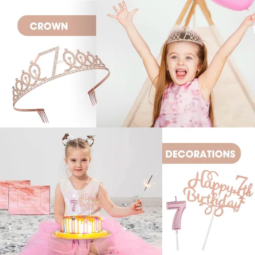 Miniatura 5 de Decoraciones de 7º cumpleaños para niñas – Tiara de corona de diamantes de imitación de oro rosa, decoración de pastel, velas de números y globos