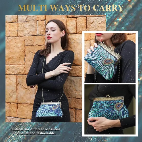 Miniatura 3 de UBORSE Bolsos de embrague de noche de pavo real con lentejuelas con cuentas Bolso de noche vintage Bolso de boda de fiesta de 1920