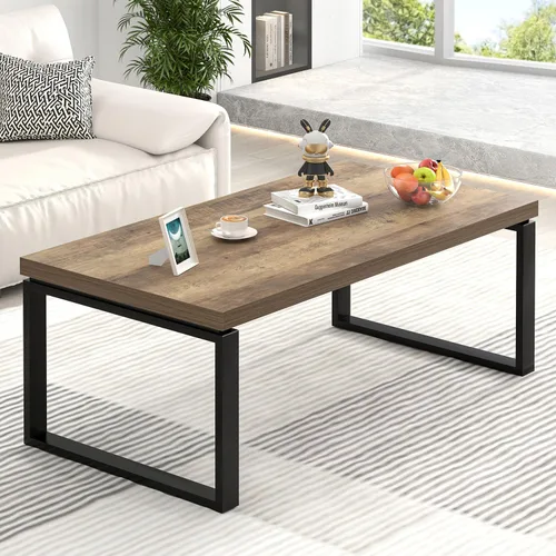 EXCEFUR - Mesa de café, mesa moderna de madera y metal para sala de estar, mesa central industrial rectangular para oficina en casa, roble rústico,