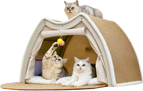 Miniatura 6 de Casas para gatos de interior – Cama para gatos de 4 estaciones con sisal natural rascador para gatos, marco de madera maciza con cortinas y alfombra