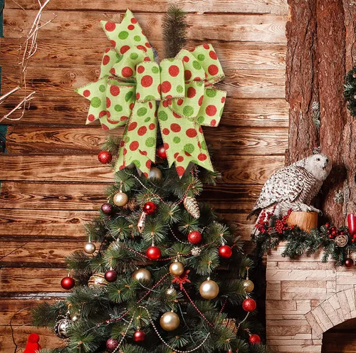 Miniatura 3 de SIMISI RIBBON Lazo de Navidad Verde Rojo con Puntos, Lazo Rústico de Arpillera para Corona, Árbol de Navidad, Decoración de Fiestas (24.1 x 33 cm)