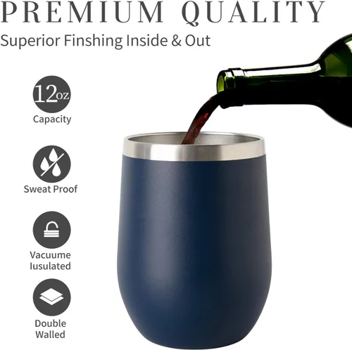 Miniatura 3 de COMOOO Vaso Térmico de Vino de Acero Inoxidable Paquete de 4 con Tapa y Pajita 12oz Doble Pared con Aislamiento al Vacío Vaso Térmico Copa para Azul