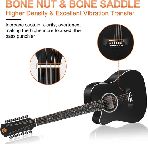 Miniatura 5 de Vangoa Guitarra acústica y eléctrica de 12 cuerdas para zurdos, corte Dreadnought de 42 pulgadas de tamaño completo, tapa de abeto y cuerpo