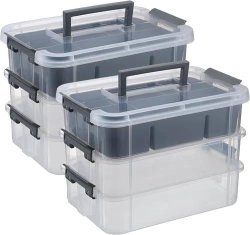Miniatura 10 de JUXYES Paquete de 2 Cajas de Almacenamiento Apilables y Portátiles de 3 Niveles con Bandeja Dividida, Contenedor de Almacenamiento Apilable