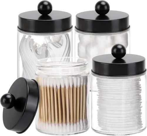 Tbestmax Dispensador de soporte de vidrio Qtip, recipientes de baño de 10 onzas, tarros de boticario con tapas de metal para hisopos de bolas de