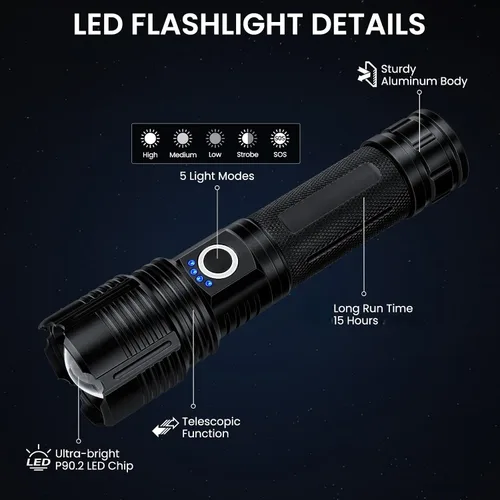 Miniatura 8 de BEFAMALI 4 Pack Flashlight Rechargeable High Lumens, 99000LM Flash Light, Adjustable LED Bright Flashlights with 5 Modes & USB Cable, Waterproof