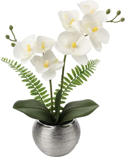 Miniatura 11 de Briful Pequeñas flores artificiales de orquídeas artificiales de 13 pulgadas en maceta de cerámica plateada, arreglo de orquídeas artificiales