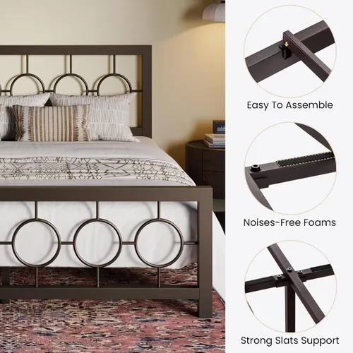 Miniatura 6 de SHA CERLIN Marco de cama de metal tamaño King con cabecera y pie de cama de diseño circular vintage, no requiere somier, fácil montaje, sin ruido