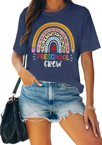 Miniatura 3 de MAIHUN Camisetas para profesores de preescolar para mujer, camiseta de cuello redondo con estampado de arco iris, manga corta