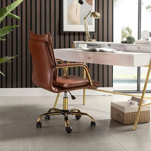 Miniatura 8 de HULALA HOME Silla de escritorio de piel sintética para oficina en casa, silla giratoria ajustable para computadora con patas y brazos dorados, Patas