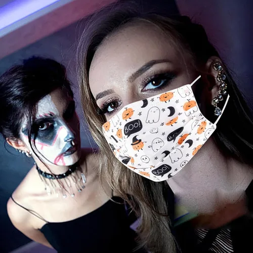 Miniatura 3 de 50 cubrebocas desechables de Halloween para adultos, uso diario, 3 capas, cubrebocas protectores con diseño de calabaza para regalo de fiesta