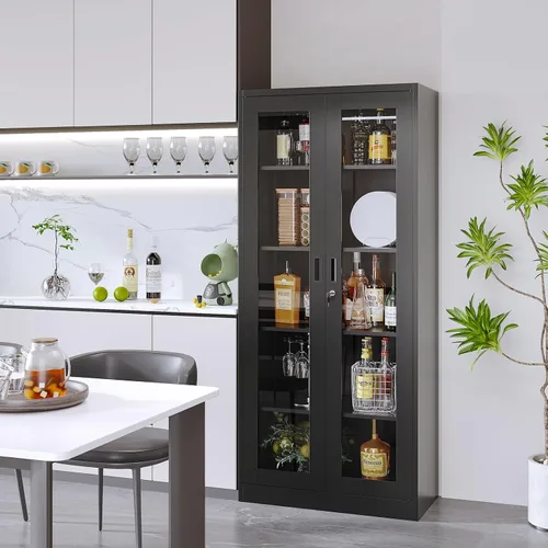 Miniatura 6 de Vitrina con puertas de cristal, vitrina para coleccionables, gabinete de exhibición Curio con 4 estantes ajustables, gabinete de exhibición de Negro