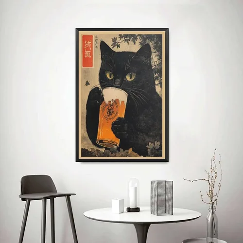 Miniatura 3 de SENLYCH Póster de pintura en lienzo e impresión vintage de gato negro con cerveza, impresión de arte japonés, gato negro bebiendo cerveza, póster