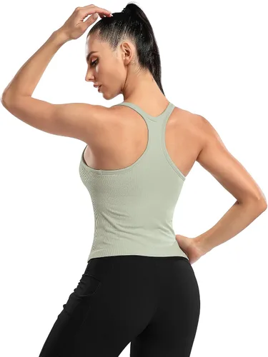 Miniatura 156 de ATTRACO Camiseta corta acanalada de entrenamiento para mujer con brasier integrado para yoga, espalda cruzada, ajuste ajustado
