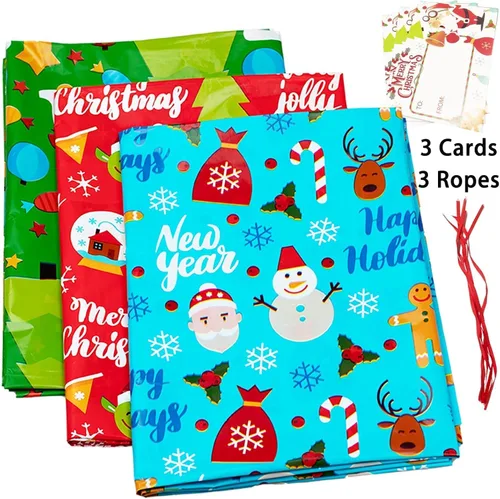 Miniatura 5 de OuMuaMua Paquete de 3 Bolsas Grandes de Regalo de Navidad - 49" x 35.5" Bolsas Jumbo de Plástico para Envolver Regalos de Navidad Reutilizables