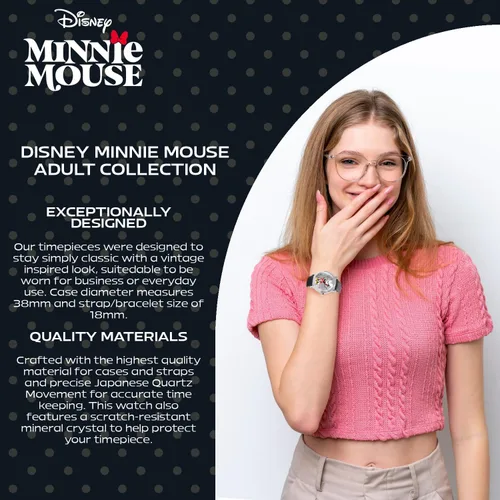 Miniatura 5 de Disney Minnie Mouse Reloj de cuarzo analógico para adultos, estilo vintage, con manos articuladas