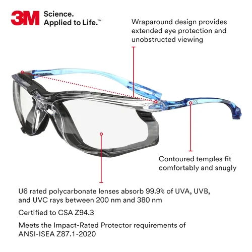 Miniatura 2 de 3M Anteojos de seguridad, Virtua CCS, ANSI Z87, antivaho, lentes espejados para interiores y exteriores, marco azul, sistema de control de tapones