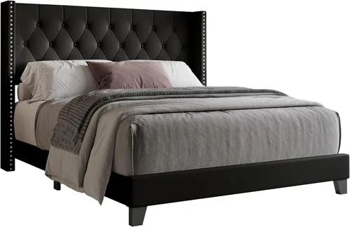 Miniatura 4 de HOME DESIGN Homer - Marco de cama tapizado con respaldo copetudo, cabecera capitonada de piel sintética con botones y ribete de cabeza de clavo
