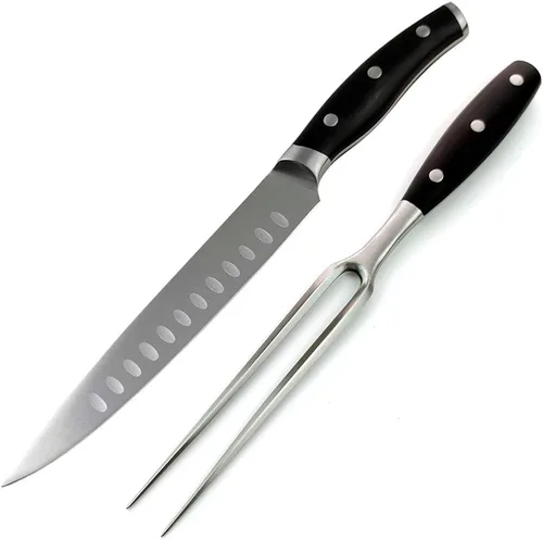 Juego de cuchillo y tenedor para tallar – con cuchillo de trinchar de 8 pulgadas y tenedor de metal recto de 8 pulgadas, triple remache de acero