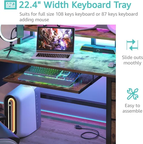 Miniatura 5 de Lufeiya Escritorio para juegos con luces LED y tomas de corriente, escritorios de oficina en casa de 47 pulgadas con bandeja para teclado
