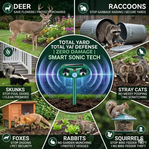 Miniatura 2 de Sonic Fortress Pro - Repelente ultrasónico de ciervos repelente de gatos, disuasorio de mapaches al aire libre, repelente solar de animales