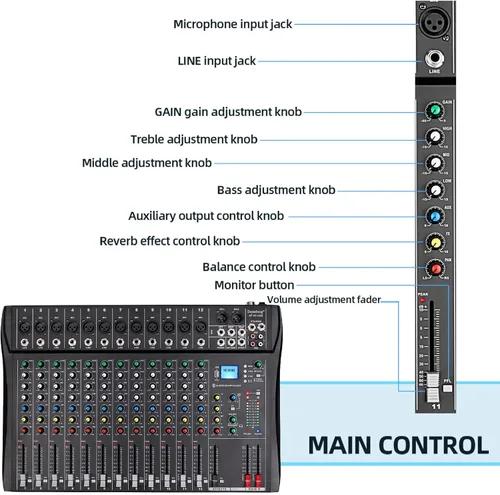Miniatura 9 de Mezclador de audio de 12 canales, DT12 Studio, interfaz controladora de sonido para DJ, con unidad USB para entrada de grabación de computadora
