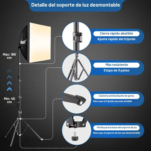 Miniatura 3 de EMART Kit de iluminación Softbox, softbox de 16 x 16 pulgadas, bombillas LED 3000K-6000K 85W con control remoto, trípode de 65 pulgadas, kit