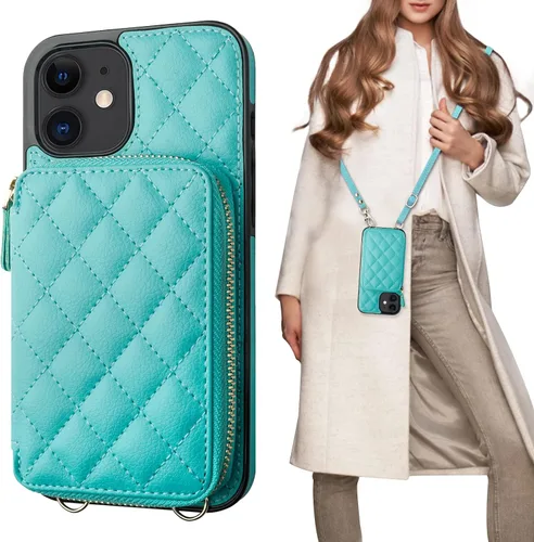 Miniatura 14 de Bocasal Funda tipo cartera cruzada para iPhone 12/12 Pro, bloqueo RFID, de piel sintética, con cremallera, bolso cartera con tapa plegable, funda