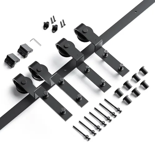 Miniatura 7 de EaseLife Kit de herrajes para puerta corrediza doble de granero de bypass de 9 pies, pista única, se desliza suave y silenciosamente, fácil