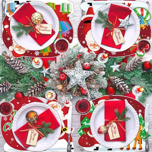 Miniatura 5 de Juego de 6 manteles individuales de plástico de Navidad, manteles individuales Claus, manteles de mesa de Navidad, decoración temática de Navidad