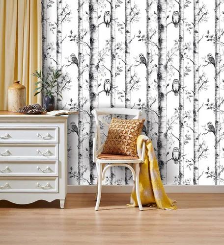 Miniatura 4 de Papel tapiz de abedul para despegar y pegar, papel tapiz de búho, vinilo autoadhesivo en blanco y negro, para decoración del hogar, 17.7 x 118