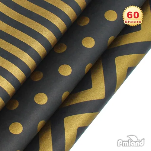 Miniatura 2 de PMLAND Papel de seda de alta calidad para envolver regalos, color negro metálico dorado con rayas zigzag, 20 x 14 pulgadas, 60 hojas