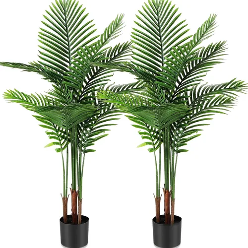 Jexine Paquete de 2 palmeras artificiales de 4 pies, plantas falsas, palmeras artificiales de areca para interiores y exteriores, palmeras