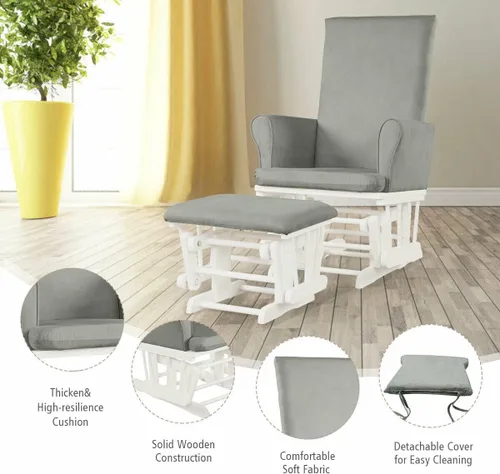 Miniatura 5 de Costzon Juego de cojín mecedor y otomano para bebé, muebles de madera para bebé, para siestas, lactancia, lectura, deslizador tapizado y silla Gris