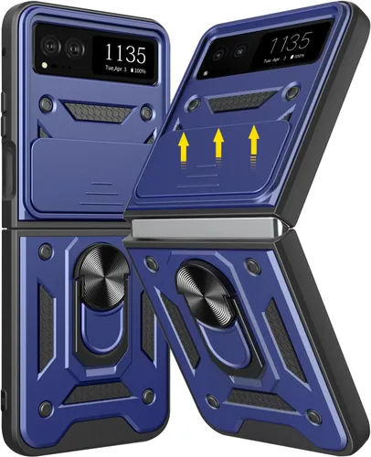 Miniatura 11 de Funda para Motorola Razr 2023 con cubierta de cámara y soporte, protección de lente deslizante + soporte de anillo giratorio de 360°, resistente a