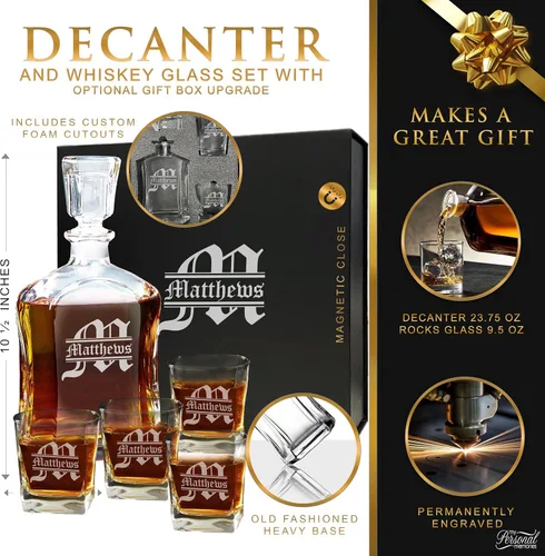 Miniatura 2 de My Personal Memories, Juego de decantador de whisky personalizado de 5 piezas, decantador y juego de regalo de 4 vasos, grabado personalizado