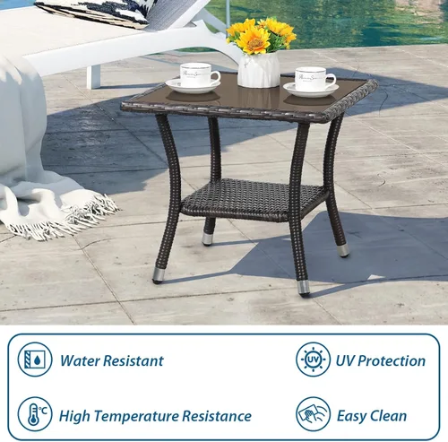 Miniatura 4 de Super Patio Mesa auxiliar de mimbre para patio al aire libre, mesa de centro de mimbre cuadrada con parte superior de vidrio, marco de aluminio