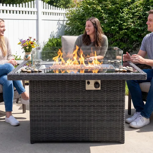 Miniatura 2 de BULEXYARD Mesa de mimbre de polietileno de 43 pulgadas para patio al aire libre con cubierta impermeable de 55,000 BTU de encendido automático