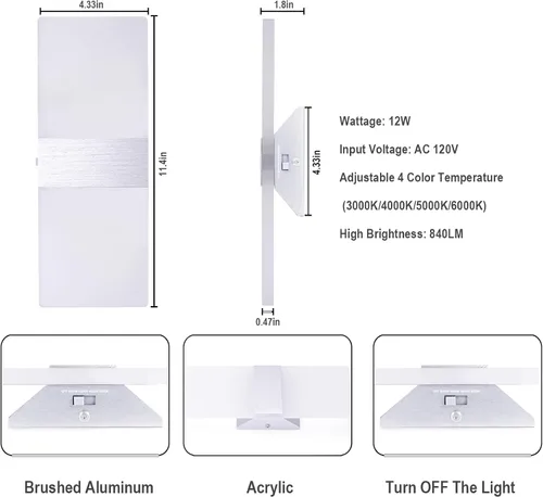 Miniatura 6 de TRLIFE Apliques de pared LED regulables, 4 temperaturas de color de 12 W, modernos apliques de pared para montaje en pared, juego de 2 luces