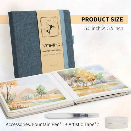Miniatura 2 de Yopih Artists - Cuaderno de bocetos de acuarela de lino premium, cuaderno de acuarela de 5.5" x 5.5" con papel de algodón prensado en frío de Azul