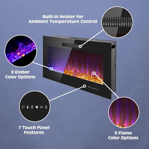 Miniatura 2 de Prominence Home Chimenea eléctrica de diseño delgado LED y chimenea montada en la pared con calentador de 1500 W, opciones de troncos y brasas