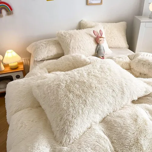 Miniatura 3 de chovy Juego de edredón de felpa de pelo sintético blanco lechoso tamaño King, ultra suave, lanudo terciopelo de franela esponjoso, juego de ropa