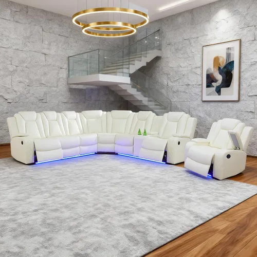 Miniatura 37 de Juego de sofá modular reclinable eléctrico para sala de estar, juego de sofá reclinable de cuero con luces LED / almacenamiento oculto, sofá